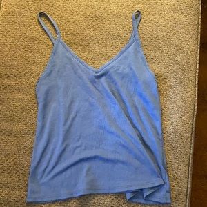 Dark blue tank top with spaghetti straps.